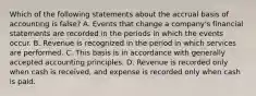 Which of the following statements about the accrual basis of accounting is false? A. Events that change a company's financial statements are recorded in the periods in which the events occur. B. Revenue is recognized in the period in which services are performed. C. This basis is in accordance with generally accepted accounting principles. D. Revenue is recorded only when cash is received, and expense is recorded only when cash is paid.