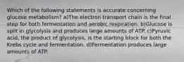 Which of the following statements is accurate concerning glucose metabolism? a)The electron transport chain is the final step for both fermentation and aerobic respiration. b)Glucose is split in glycolysis and produces large amounts of ATP. c)Pyruvic acid, the product of glycolysis, is the starting block for both the Krebs cycle and fermentation. d)Fermentation produces large amounts of ATP.