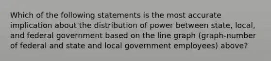 Which of the following statements is the most accurate implication about the distribution of power between state, local, and federal government based on the line graph (graph-number of federal and state and local government employees) above?