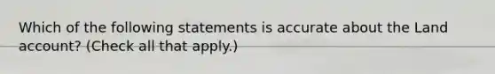 Which of the following statements is accurate about the Land account? (Check all that apply.)