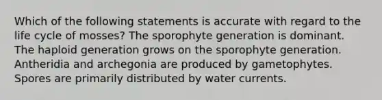 Which of the following statements is accurate with regard to the life cycle of mosses? The sporophyte generation is dominant. The haploid generation grows on the sporophyte generation. Antheridia and archegonia are produced by gametophytes. Spores are primarily distributed by water currents.