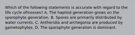 Which of the following statements is accurate with regard to the life cycle ofmosses? A. The haploid generation grows on the sporophyte generation. B. Spores are primarily distributed by water currents. C. Antheridia and archegonia are produced by gametophytes. D. The sporophyte generation is dominant.