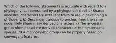 Which of the following statements is accurate with regard to a phylogeny, as represented by a phylogenetic tree? a) Shared ancestral characters are excellent traits to use in developing a phylogeny. b) Descendant groups (branches) from the same node likely share many derived characters. c) The ancestral group often has all the derived characters of the descendant species. d) A monophyletic group can be properly based on convergent features.