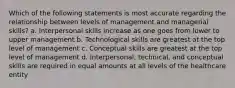 Which of the following statements is most accurate regarding the relationship between levels of management and managerial skills? a. Interpersonal skills increase as one goes from lower to upper management b. Technological skills are greatest at the top level of management c. Conceptual skills are greatest at the top level of management d. Interpersonal, technical, and conceptual skills are required in equal amounts at all levels of the healthcare entity