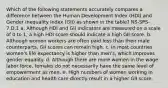 Which of the following statements accurately compares a difference between the Human Development Index (HDI) and Gender Inequality Index (GII) as shown in the table? NS-SPS-7.D.1 a. Although HDI and GII indicators are measured on a scale of 0 to 1, a high HDI score should indicate a high GII score. b. Although women workers are often paid less than their male counterparts, GII scores can remain high. c. In most countries women's life expectancy is higher than men's, which improves gender equality. d. Although there are more women in the wage labor force, females do not necessarily have the same level of empowerment as men. e. High numbers of women working in education and health care directly result in a higher GII score.