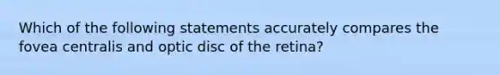 Which of the following statements accurately compares the fovea centralis and optic disc of the retina?