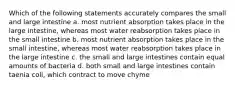 Which of the following statements accurately compares the small and large intestine a. most nutrient absorption takes place in the large intestine, whereas most water reabsorption takes place in the small intestine b. most nutrient absorption takes place in the small intestine, whereas most water reabsorption takes place in the large intestine c. the small and large intestines contain equal amounts of bacteria d. both small and large intestines contain taenia coli, which contract to move chyme