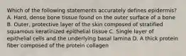 Which of the following statements accurately defines epidermis? A. Hard, dense bone tissue found on the outer surface of a bone B. Outer, protective layer of the skin composed of stratified squamous keratinized epithelial tissue C. Single layer of epithelial cells and the underlying basal lamina D. A thick protein fiber composed of the protein collagen