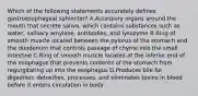 Which of the following statements accurately defines gastroesophageal sphincter? A.Accessory organs around the mouth that secrete saliva, which contains substances such as water, salivary amylase, antibodies, and lysozyme B.Ring of smooth muscle located between the pylorus of the stomach and the duodenum that controls passage of chyme into the small intestine C.Ring of smooth muscle located at the inferior end of the esophagus that prevents contents of the stomach from regurgitating up into the esophagus D.Produces bile for digestion; detoxifies, processes, and eliminates toxins in blood before it enters circulation in body