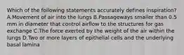 Which of the following statements accurately defines inspiration? A.Movement of air into the lungs B.Passageways smaller than 0.5 mm in diameter that control airflow to the structures for gas exchange C.The force exerted by the weight of the air within the lungs D.Two or more layers of epithelial cells and the underlying basal lamina