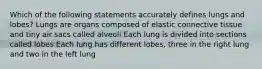 Which of the following statements accurately defines lungs and lobes? Lungs are organs composed of elastic connective tissue and tiny air sacs called alveoli Each lung is divided into sections called lobes Each lung has different lobes, three in the right lung and two in the left lung