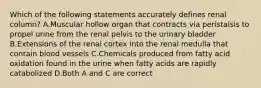 Which of the following statements accurately defines renal column? A.Muscular hollow organ that contracts via peristalsis to propel urine from the renal pelvis to the urinary bladder B.Extensions of the renal cortex into the renal medulla that contain blood vessels C.Chemicals produced from fatty acid oxidation found in the urine when fatty acids are rapidly catabolized D.Both A and C are correct