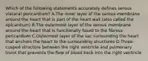 Which of the following statements accurately defines serous visceral pericardium? A.The inner layer of the serous membrane around the heart that is part of the heart wall (also called the epicardium) B.The outermost layer of the serous membrane around the heart that is functionally fused to the fibrous pericardium C.Outermost layer of the sac surrounding the heart that anchors the heart to the surrounding structures D.Three-cusped structure between the right ventricle and pulmonary trunk that prevents the flow of blood back into the right ventricle