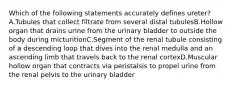 Which of the following statements accurately defines ureter? A.Tubules that collect filtrate from several distal tubulesB.Hollow organ that drains urine from the urinary bladder to outside the body during micturitionC.Segment of the renal tubule consisting of a descending loop that dives into the renal medulla and an ascending limb that travels back to the renal cortexD.Muscular hollow organ that contracts via peristalsis to propel urine from the renal pelvis to the urinary bladder