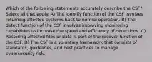 Which of the following statements accurately describe the CSF? Select all that apply. A) The identify function of the CSF involves returning affected systems back to normal operation. B) The detect function of the CSF involves improving monitoring capabilities to increase the speed and efficiency of detections. C) Restoring affected files or data is part of the recover function of the CSF. D) The CSF is a voluntary framework that consists of standards, guidelines, and best practices to manage cybersecurity risk.