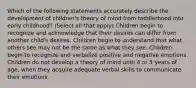 Which of the following statements accurately describe the development of children's theory of mind from toddlerhood into early childhood? (Select all that apply) Children begin to recognize and acknowledge that their desires can differ from another child's desires. Children begin to understand that what others see may not be the same as what they see. Children begin to recognize and verbalize positive and negative emotions. Children do not develop a theory of mind until 4 or 5 years of age, when they acquire adequate verbal skills to communicate their emotions.