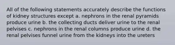 All of the following statements accurately describe the functions of kidney structures except a. nephrons in the renal pyramids produce urine b. the collecting ducts deliver urine to the renal pelvises c. nephrons in the renal columns produce urine d. the renal pelvises funnel urine from the kidneys into the ureters