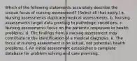 Which of the following statements accurately describe the unique focus of nursing assessment? (Select all that apply.) a. Nursing assessments duplicate medical assessments. b. Nursing assessments target data pointing to pathologic conditions. c. Nursing assessments focus on the patient's responses to health problems. d. The findings from a nursing assessment may contribute to the identification of a medical diagnosis. e. The focus of nursing assessment is on actual, not potential, health problems. f. An initial assessment establishes a complete database for problem solving and care planning.