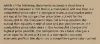 which of the following statements accurately describes a difference between a firm that is a monopolist and one that is a competitive price taker? a. marginal revenue and market price are equal for the competitive price taker but not for the monopolist b. the monopolist does not always produce the output that equates marginal cost and marginal revenue; the competitive price taker does c. the monopolist charges the highest price possible; the competitive price taker charges a price equal to its per-unit cost d. a monopolist can earn economic profit in the short run; a competitive price taker cannot