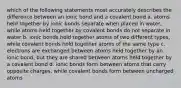 which of the following statements most accurately describes the difference between an ionic bond and a covalent bond a. atoms held together by ionic bonds separate when placed in water, while atoms held together by covalent bonds do not separate in water b. ionic bonds hold together atoms of two different types, while covalent bonds hold together atoms of the same type c. electrons are exchanged between atoms held together by an ionic bond, but they are shared between atoms held together by a covalent bond d. ionic bonds form between atoms that carry opposite charges, while covalent bonds form between uncharged atoms