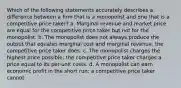 Which of the following statements accurately describes a difference between a firm that is a monopolist and one that is a competitive price taker? a. Marginal revenue and market price are equal for the competitive price taker but not for the monopolist. b. The monopolist does not always produce the output that equates marginal cost and marginal revenue; the competitive price taker does. c. The monopolist charges the highest price possible; the competitive price taker charges a price equal to its per-unit costs. d. A monopolist can earn economic profit in the short run; a competitive price taker cannot.