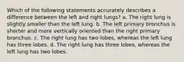 Which of the following statements accurately describes a difference between the left and right lungs? a. The right lung is slightly smaller than the left lung. b. The left primary bronchus is shorter and more vertically oriented than the right primary bronchus. c. The right lung has two lobes, whereas the left lung has three lobes. d. The right lung has three lobes, whereas the left lung has two lobes.