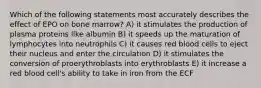 Which of the following statements most accurately describes the effect of EPO on bone marrow? A) it stimulates the production of plasma proteins like albumin B) it speeds up the maturation of lymphocytes into neutrophils C) it causes red blood cells to eject their nucleus and enter the circulation D) it stimulates the conversion of proerythroblasts into erythroblasts E) it increase a red blood cell's ability to take in iron from the ECF