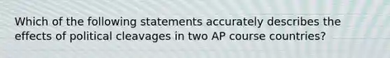 Which of the following statements accurately describes the effects of political cleavages in two AP course countries?