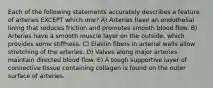 Each of the following statements accurately describes a feature of arteries EXCEPT which one? A) Arteries have an endothelial lining that reduces friction and promotes smooth blood flow. B) Arteries have a smooth muscle layer on the outside, which provides some stiffness. C) Elastin fibers in arterial walls allow stretching of the arteries. D) Valves along major arteries maintain directed blood flow. E) A tough supportive layer of connective tissue containing collagen is found on the outer surface of arteries.