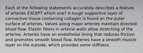 Each of the following statements accurately describes a feature of arteries EXCEPT which one? A tough supportive layer of connective tissue containing collagen is found on the outer surface of arteries. Valves along major arteries maintain directed blood flow. Elastin fibers in arterial walls allow stretching of the arteries. Arteries have an endothelial lining that reduces friction and promotes smooth blood flow. Arteries have a smooth muscle layer on the outside, which provides some stiffness.