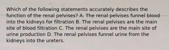 Which of the following statements accurately describes the function of the renal pelvises? A. The renal pelvises funnel blood into the kidneys for filtration B. The renal pelvises are the main site of blood filtration C. The renal pelvises are the main site of urine production D. The renal pelvises funnel urine from the kidneys into the ureters.