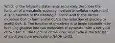 Which of the following statements accurately describes the function of a metabolic pathway involved in cellular respiration? A. The function of the bonding of acetic acid to the carrier molecule CoA to form acetyl CoA is the reduction of glucose to acetyl CoA. B. The function of glycolysis is to begin catabolism by breaking glucose into two molecules of pyruvate, with a net yield of two ATP. C. The function of the citric acid cycle is the transfer of electrons from pyruvate to NADH to O2.