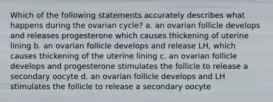 Which of the following statements accurately describes what happens during the ovarian cycle? a. an ovarian follicle develops and releases progesterone which causes thickening of uterine lining b. an ovarian follicle develops and release LH, which causes thickening of the uterine lining c. an ovarian follicle develops and progesterone stimulates the follicle to release a secondary oocyte d. an ovarian follicle develops and LH stimulates the follicle to release a secondary oocyte