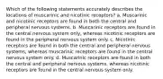 Which of the following statements accurately describes the locations of muscarinic and nicotinic receptors?​ a. ​Muscarinic and nicotinic receptors are found in both the central and peripheral nervous systems. b. ​Muscarinic receptors are found in the central nervous system only, whereas nicotinic receptors are found in the peripheral nervous system only. c. ​Nicotinic receptors are found in both the central and peripheral nervous systems, whereas muscarinic receptors are found in the central nervous system only. d. ​Muscarinic receptors are found in both the central and peripheral nervous systems, whereas nicotinic receptors are found in the central nervous system only.