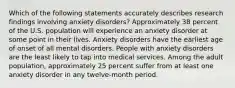 Which of the following statements accurately describes research findings involving anxiety disorders? Approximately 38 percent of the U.S. population will experience an anxiety disorder at some point in their lives. Anxiety disorders have the earliest age of onset of all mental disorders. People with anxiety disorders are the least likely to tap into medical services. Among the adult population, approximately 25 percent suffer from at least one anxiety disorder in any twelve-month period.