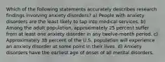 Which of the following statements accurately describes research findings involving anxiety disorders? a) People with anxiety disorders are the least likely to tap into medical services. b) Among the adult population, approximately 25 percent suffer from at least one anxiety disorder in any twelve-month period. c) Approximately 38 percent of the U.S. population will experience an anxiety disorder at some point in their lives. d) Anxiety disorders have the earliest age of onset of all mental disorders.