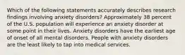 Which of the following statements accurately describes research findings involving anxiety disorders? Approximately 38 percent of the U.S. population will experience an anxiety disorder at some point in their lives. Anxiety disorders have the earliest age of onset of all mental disorders. People with anxiety disorders are the least likely to tap into medical services.