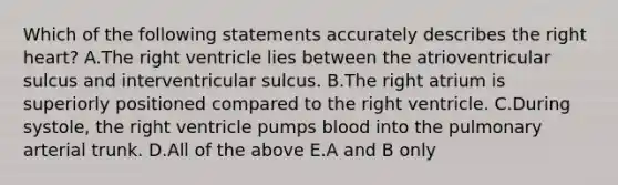 Which of the following statements accurately describes the right heart? A.The right ventricle lies between the atrioventricular sulcus and interventricular sulcus. B.The right atrium is superiorly positioned compared to the right ventricle. C.During systole, the right ventricle pumps blood into the pulmonary arterial trunk. D.All of the above E.A and B only