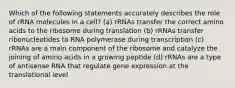 Which of the following statements accurately describes the role of rRNA molecules in a cell? (a) rRNAs transfer the correct amino acids to the ribosome during translation (b) rRNAs transfer ribonucleotides to RNA polymerase during transcription (c) rRNAs are a main component of the ribosome and catalyze the joining of amino acids in a growing peptide (d) rRNAs are a type of antisense RNA that regulate gene expression at the translational level