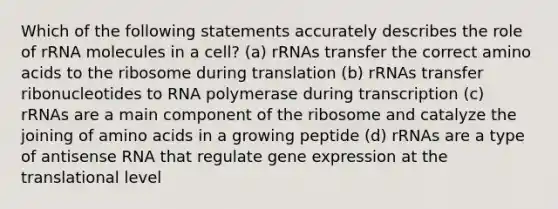 Which of the following statements accurately describes the role of rRNA molecules in a cell? (a) rRNAs transfer the correct amino acids to the ribosome during translation (b) rRNAs transfer ribonucleotides to RNA polymerase during transcription (c) rRNAs are a main component of the ribosome and catalyze the joining of amino acids in a growing peptide (d) rRNAs are a type of antisense RNA that regulate gene expression at the translational level