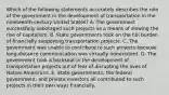 Which of the following statements accurately describes the role of the government in the development of transportation in the nineteenth-century United States? A. The government successfully sabotaged such projects as a means of slowing the rise of capitalism. B. State governments took on the full burden of financially supporting transportation projects. C. The government was unable to contribute to such projects because long-distance communication was virtually nonexistent. D. The government took a backseat in the development of transportation projects out of fear of disrupting the lives of Native Americans. E. State governments, the federal government, and private investors all contributed to such projects in their own ways financially.