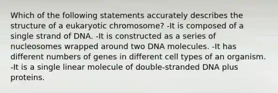 Which of the following statements accurately describes the structure of a eukaryotic chromosome? -It is composed of a single strand of DNA. -It is constructed as a series of nucleosomes wrapped around two DNA molecules. -It has different numbers of genes in different cell types of an organism. -It is a single linear molecule of double-stranded DNA plus proteins.