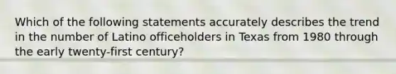 Which of the following statements accurately describes the trend in the number of Latino officeholders in Texas from 1980 through the early twenty-first century?