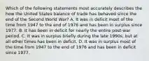 Which of the following statements most accurately describes the how the United States balance of trade has behaved since the end of the Second World War? A. It was in deficit most of the time from 1947 to the end of 1976 and has been in surplus since 1977. B. It has been in deficit for nearly the entire post-war period. C. It was in surplus briefly during the late 1990s, but at all other times has been in deficit. D. It was in surplus most of the time from 1947 to the end of 1976 and has been in deficit since 1977.