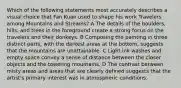 Which of the following statements most accurately describes a visual choice that Fan Kuan used to shape his work Travelers among Mountains and Streams? A The details of the boulders, hills, and trees in the foreground create a strong focus on the travelers and their donkeys. B Composing the painting in three distinct parts, with the darkest areas at the bottom, suggests that the mountains are unattainable. C Light ink washes and empty space convey a sense of distance between the closer objects and the towering mountains. D The contrast between misty areas and areas that are clearly defined suggests that the artist's primary interest was in atmospheric conditions.