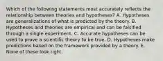 Which of the following statements most accurately reflects the relationship between theories and hypotheses? A. Hypotheses are generalizations of what is predicted by the theory. B. Hypotheses and theories are empirical and can be falsified through a single experiment. C. Accurate hypotheses can be used to prove a scientific theory to be true. D. Hypotheses make predictions based on the framework provided by a theory. E. None of these look right.