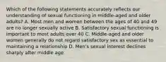 Which of the following statements accurately reflects our understanding of sexual functioning in middle-aged and older adults? A. Most men and women between the ages of 40 and 49 are no longer sexually active B. Satisfactory sexual functioning is important to most adults over 40 C. Middle-aged and older women generally do not regard satisfactory sex as essential to maintaining a relationship D. Men's sexual interest declines sharply after middle age