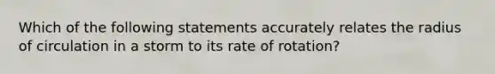 Which of the following statements accurately relates the radius of circulation in a storm to its rate of rotation?