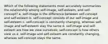 Which of the following statements most accurately summarizes the relationship among self-image, self-esteem, and self-concept? a. self-image is the difference between self-concept and self-esteem b. self-concept consists of our self-image and self-esteem c. self-concept is constantly changing, whereas self-image and self-esteem stay the same d. self-image and self-esteem are how we view ourselves; self-concept is how others view us e. self-image and self-esteem are constantly changing, whereas self-concept stays the same.