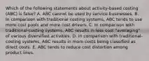 Which of the following statements about activity-based costing (ABC) is false? A. ABC cannot be used by service businesses. B. In comparison with traditional costing systems, ABC tends to use more cost pools and more cost drivers. C. In comparison with traditional-costing systems, ABC results in less cost "averaging" of various diversified activities. D. In comparison with traditional-costing systems, ABC results in more costs being classified as direct costs. E. ABC tends to reduce cost distortion among product lines.